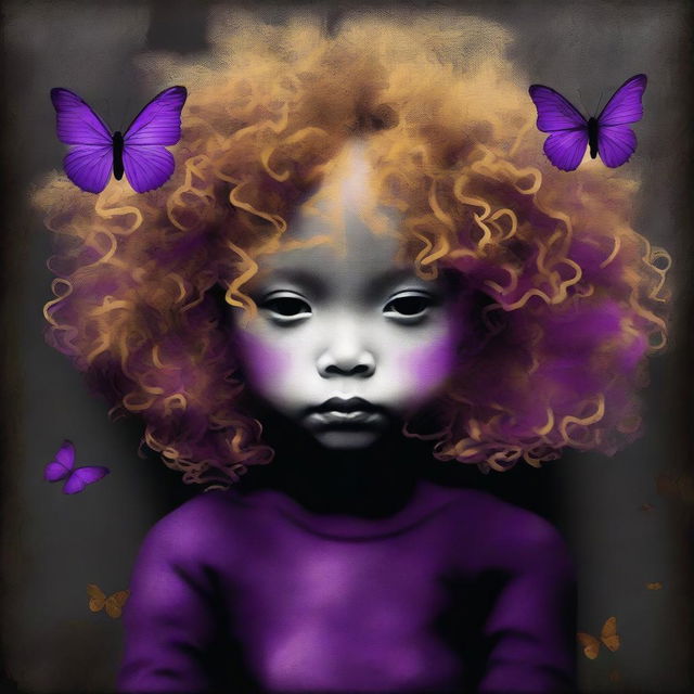 An abstract image with a rustic dark steel pipes background, featuring a child girl with golden curly hair seen from the back and a tiny purple butterfly in the background