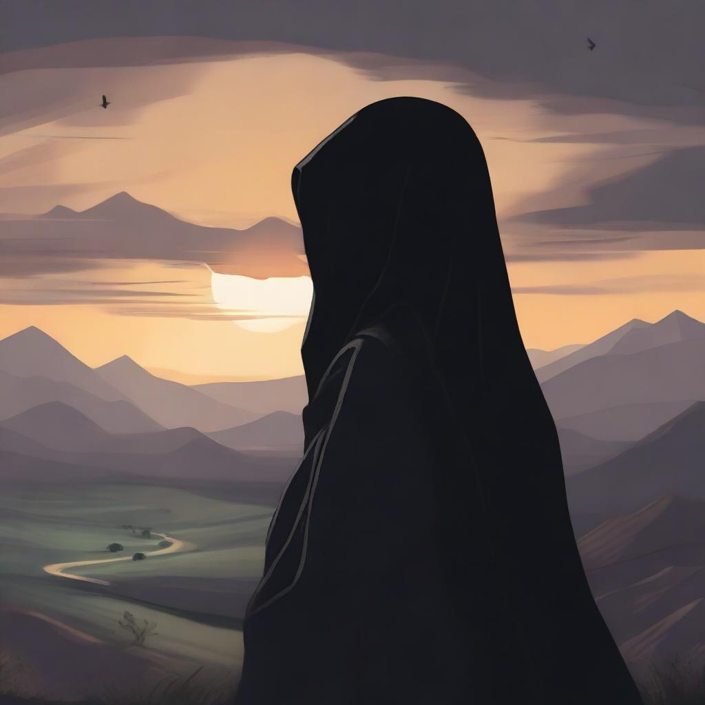 A woman with a dark veil covering her face is looking into the distance towards a far away land