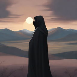 A woman with a dark veil covering her face is looking into the distance towards a far away land