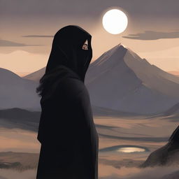 A woman with a dark veil covering her face is looking into the distance towards a far away land