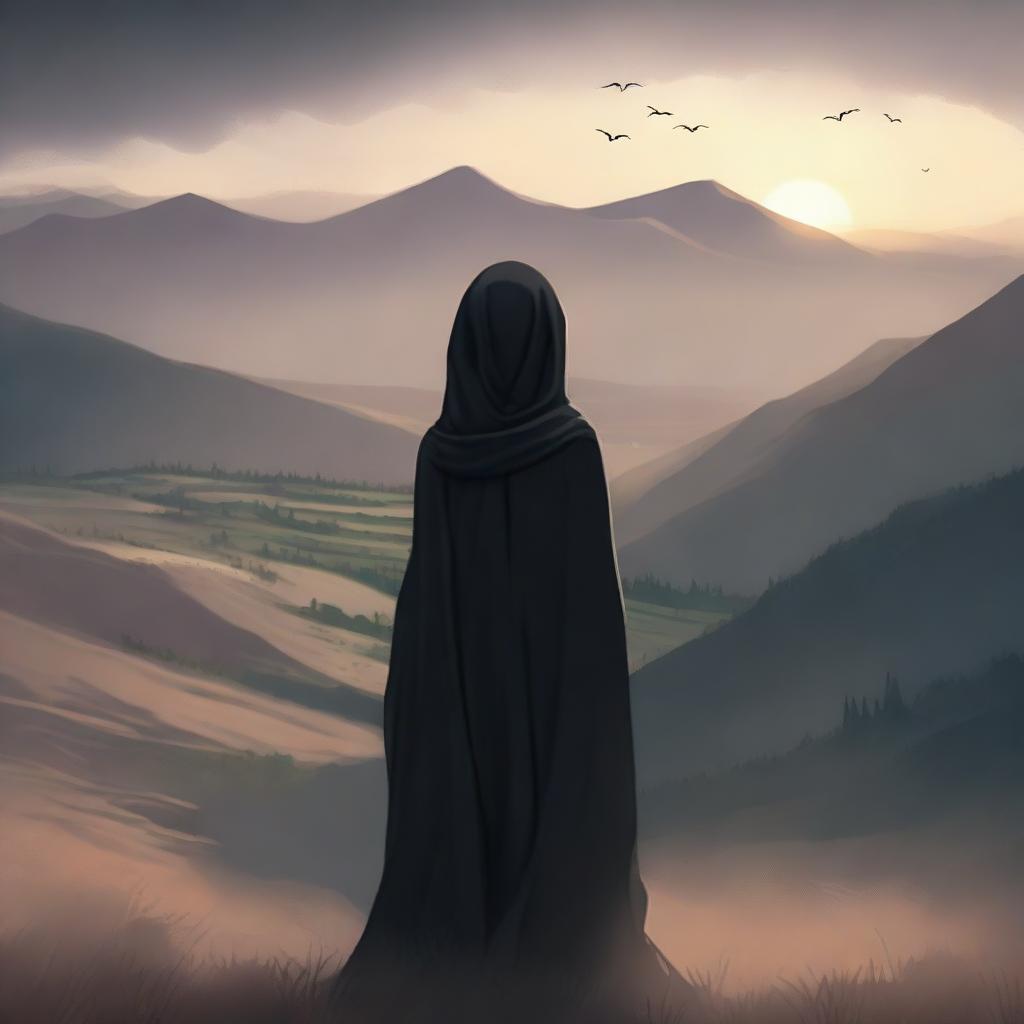 A woman with a dark veil covering her face is looking into the distance towards a far away land