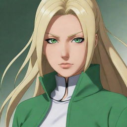 A detailed and vibrant illustration of Tsunade Senju, a character from the popular anime Naruto. She should be portrayed as powerful and charismatic, with her characteristic blonde hair and large green eyes.