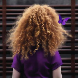 An abstract image with a rustic dark steel pipes background, featuring a child girl with golden curly hair seen from the back and a tiny purple butterfly in the background