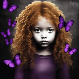 An abstract image with a rustic dark steel pipes background, featuring a child girl with golden curly hair seen from the back and a tiny purple butterfly in the background