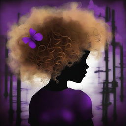 An abstract image with a rustic dark steel pipes background, featuring a child girl with golden curly hair seen from the back and a tiny purple butterfly in the background