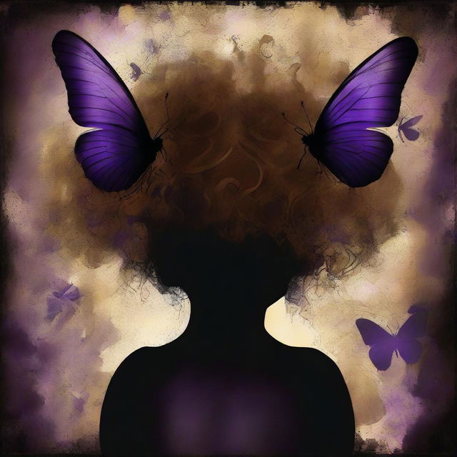 An abstract image with a rustic dark steel pipes background, featuring a child girl with golden curly hair seen from the back and a tiny purple butterfly in the background