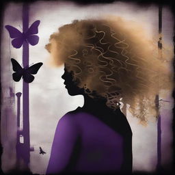 An abstract image with a rustic dark steel pipes background, featuring a child girl with golden curly hair seen from the back and a tiny purple butterfly in the background