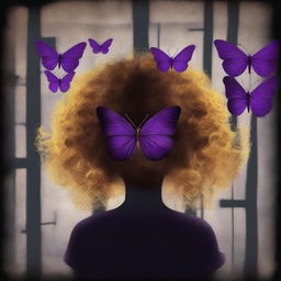 An abstract image with a rustic dark steel pipes background, featuring a child girl with golden curly hair seen from the back and a tiny purple butterfly in the background