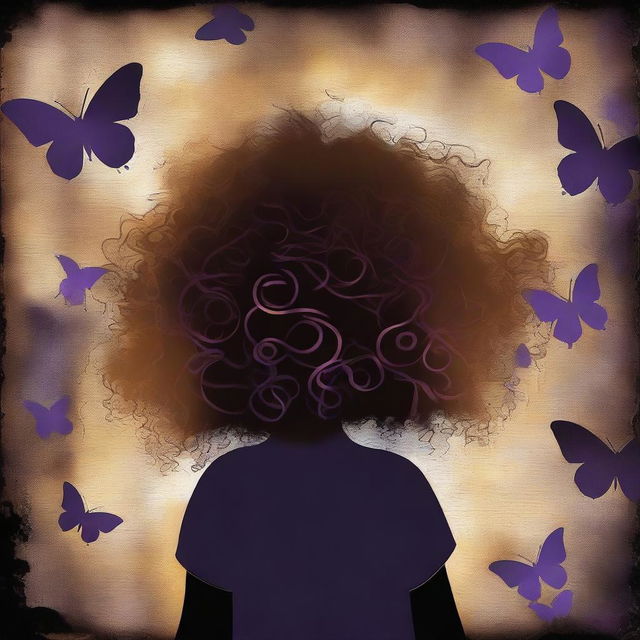 An abstract image with a rustic dark steel pipes background, featuring a child girl with golden curly hair seen from the back and a tiny purple butterfly in the background