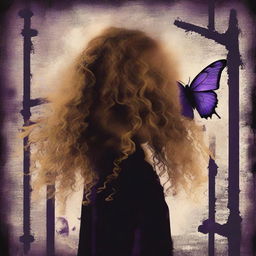 An abstract image with a rustic dark steel pipes background, featuring a child girl with golden curly hair seen from the back and a tiny purple butterfly in the background