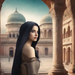 A captivating book cover featuring an ancient palace in the background, with its grand architecture and historical charm