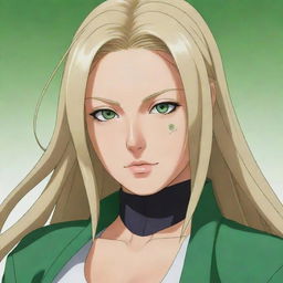 A detailed and vibrant illustration of Tsunade Senju, a character from the popular anime Naruto. She should be portrayed as powerful and charismatic, with her characteristic blonde hair and large green eyes.