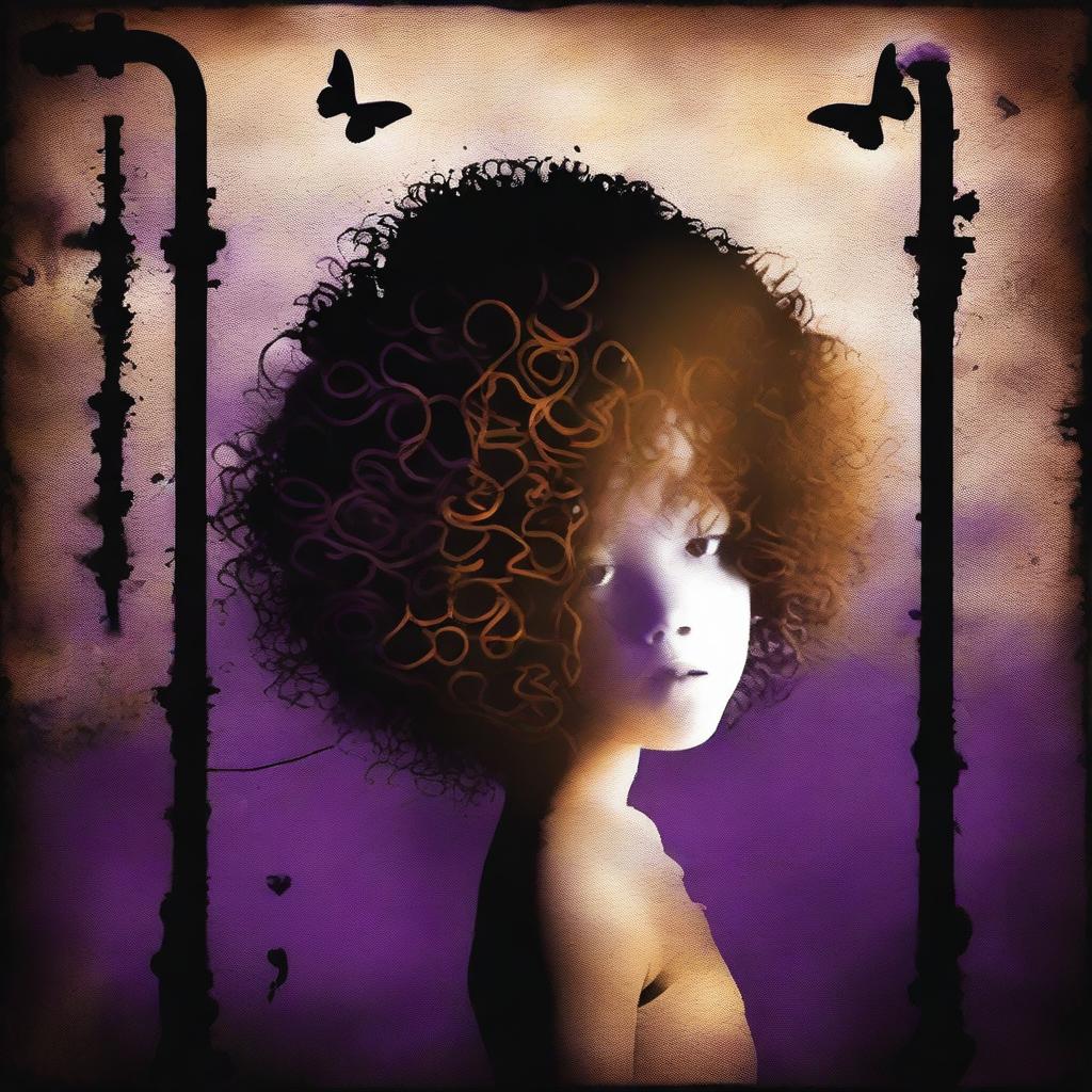 An abstract image with a rustic dark iron pipes background, featuring a child girl with golden curly hair seen from the back and a tiny purple butterfly in the background