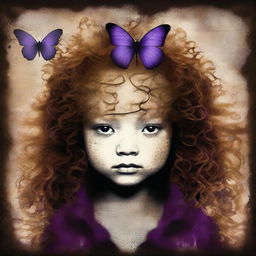 An abstract image with a rustic dark iron pipes background, featuring a child girl with golden curly hair seen from the back and a tiny purple butterfly in the background