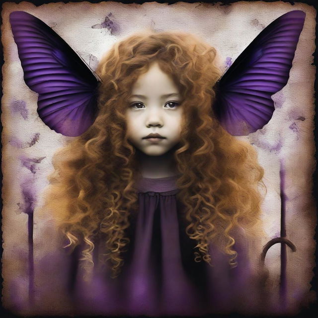 An abstract image with a rustic dark iron pipes background, featuring a child girl with golden curly hair seen from the back and a tiny purple butterfly in the background