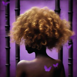 An abstract image with a rustic dark iron pipes background, featuring a child girl with golden curly hair seen from the back and a tiny purple butterfly in the background