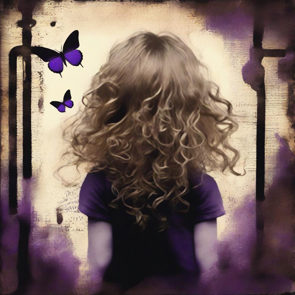 An abstract image with a rustic dark iron pipes background, featuring a pale child girl with golden curly hair seen from the back and a tiny purple butterfly in the background