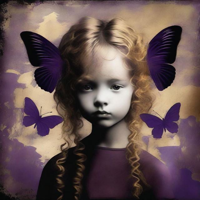 An abstract image with a rustic dark iron pipes background, featuring a pale child girl with golden curly hair seen from the back and a tiny purple butterfly in the background