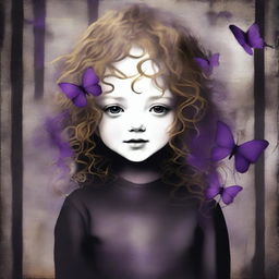 An abstract image with a rustic dark iron pipes background, featuring a pale child girl with golden curly hair seen from the back and a tiny purple butterfly in the background