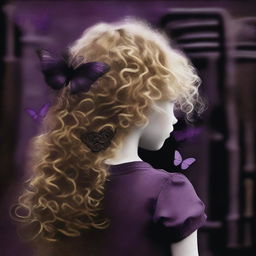 An abstract image with a rustic dark iron pipes background, featuring a pale child girl with golden curly hair seen from the back and a tiny purple butterfly in the background