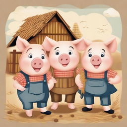 A charming illustration of the three little pigs, each with their own unique personality