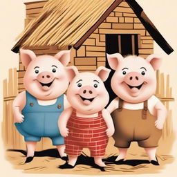 A charming illustration of the three little pigs, each with their own unique personality