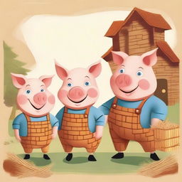 A charming illustration of the three little pigs, each with their own unique personality