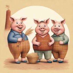 A charming illustration of the three little pigs, each with their own unique personality