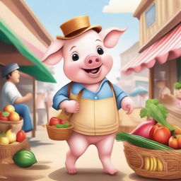 A delightful illustration of a little pig dressed in a cute outfit, ready to go to the market