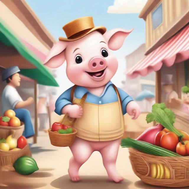 A delightful illustration of a little pig dressed in a cute outfit, ready to go to the market