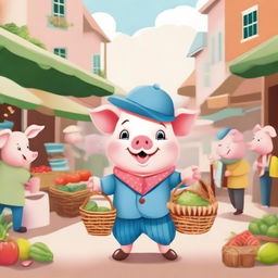 A delightful illustration of a little pig dressed in a cute outfit, ready to go to the market