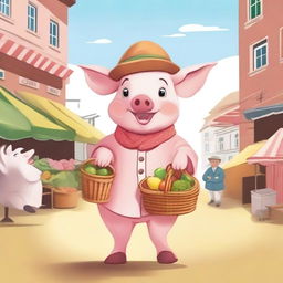 A delightful illustration of a little pig dressed in a cute outfit, ready to go to the market