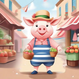 A delightful illustration of a little pig dressed in a cute outfit, ready to go to the market