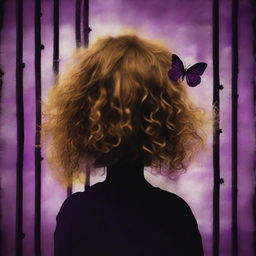 An abstract image with a dark rustic iron pipes background, featuring a child girl with golden curly hair seen from the back and a tiny purple butterfly in the background