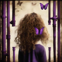 An abstract image with a dark rustic iron pipes background, featuring a child girl with golden curly hair seen from the back and a tiny purple butterfly in the background