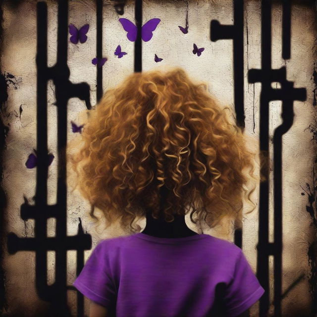 An abstract image with a dark rustic iron pipes background, featuring a child girl with golden curly hair seen from the back and a tiny purple butterfly in the background