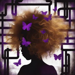 An abstract image with a dark rustic iron pipes background, featuring a child girl with golden curly hair seen from the back and a tiny purple butterfly in the background