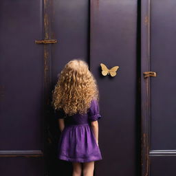 An abstract image with a dark rustic steel door background, featuring a child girl with golden curly hair seen from the back and a tiny purple butterfly in the background