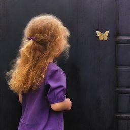 An abstract image with a dark rustic steel door background, featuring a child girl with golden curly hair seen from the back and a tiny purple butterfly in the background