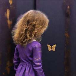 An abstract image with a dark rustic steel door background, featuring a child girl with golden curly hair seen from the back and a tiny purple butterfly in the background