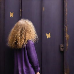 An abstract image with a dark rustic steel door background, featuring a child girl with golden curly hair seen from the back and a tiny purple butterfly in the background