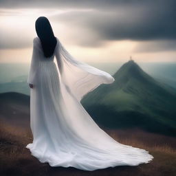 A captivating image of a woman wearing a flowing white gown and a dark veil over her face
