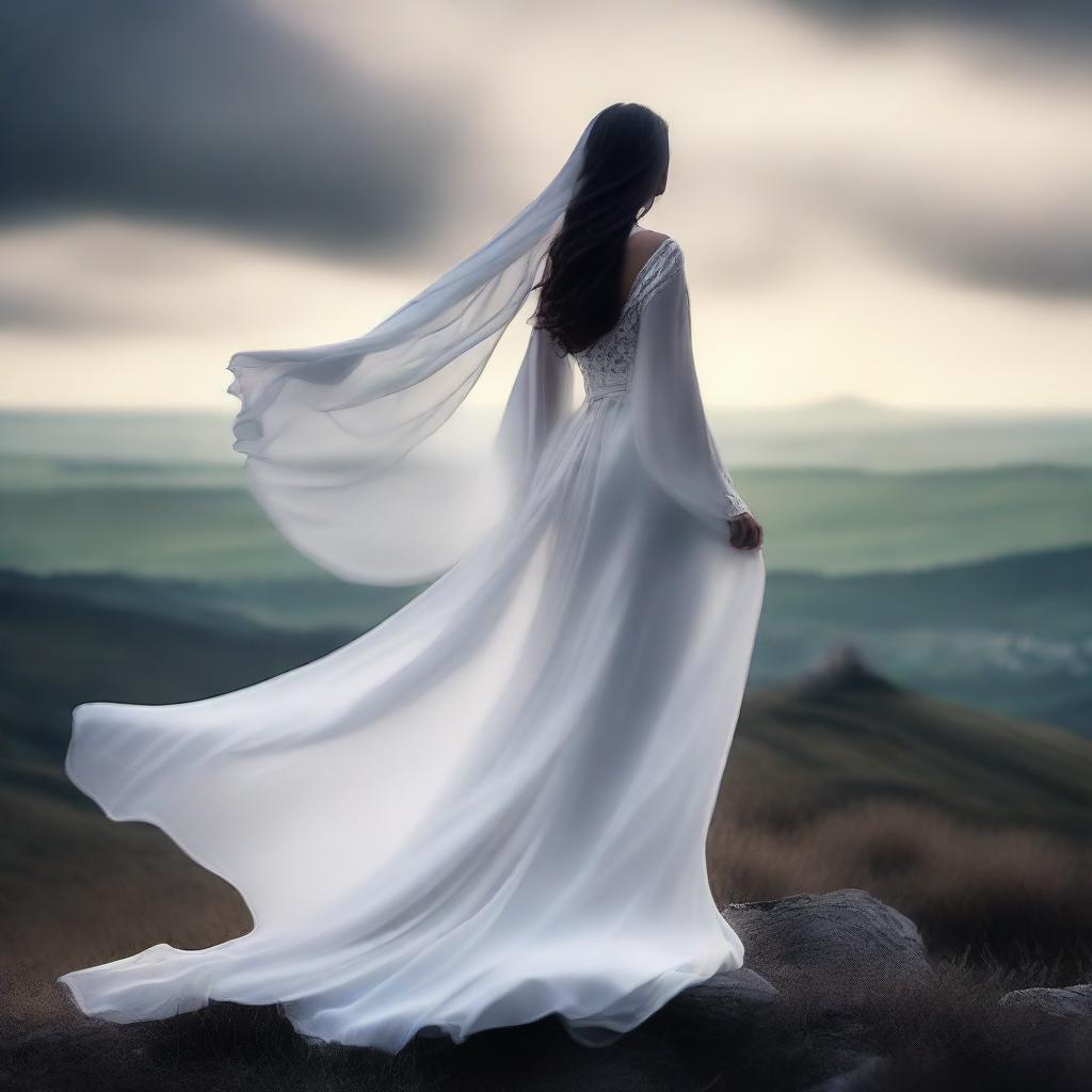 A captivating image of a woman wearing a flowing white gown and a dark veil over her face