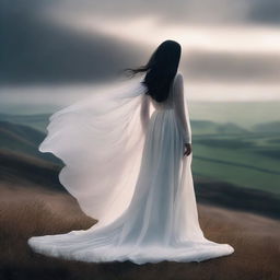 A captivating image of a woman wearing a flowing white gown and a dark veil over her face