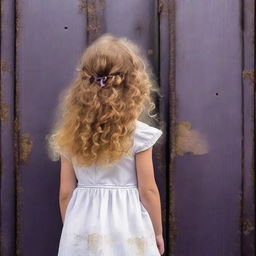 An abstract image with a dark rustic steel door background, featuring a child girl with golden curly hair seen from the back, wearing a white dress, and a tiny purple butterfly in the background