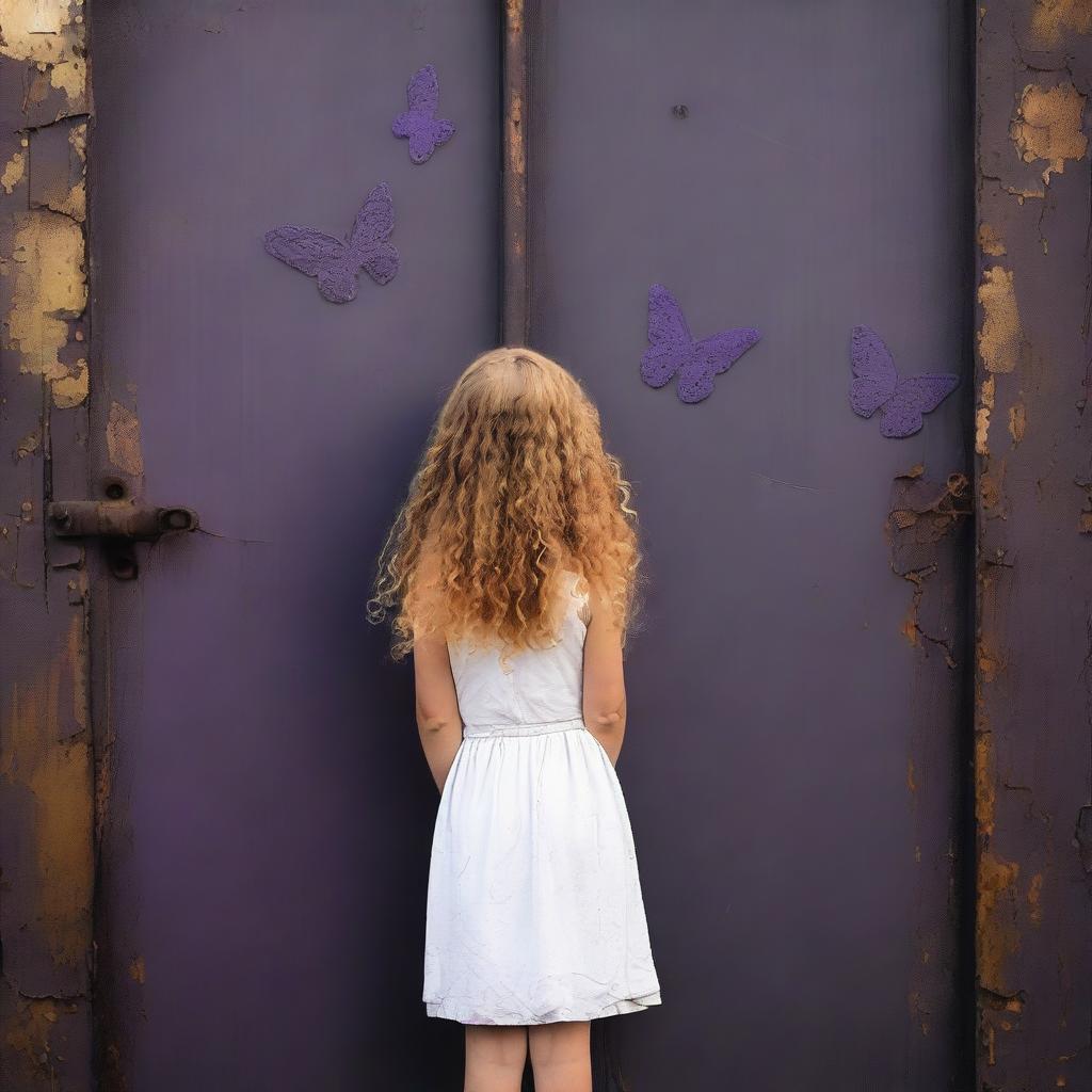 An abstract image with a dark rustic steel door background, featuring a child girl with golden curly hair seen from the back, wearing a white dress, and a tiny purple butterfly in the background