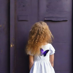 An abstract image with a dark rustic steel door background, featuring a child girl with golden curly hair seen from the back, wearing a white dress, and a tiny purple butterfly in the background