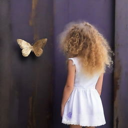 An abstract image with a dark rustic steel door background, featuring a child girl with golden curly hair seen from the back, wearing a white dress, and a tiny purple butterfly in the background