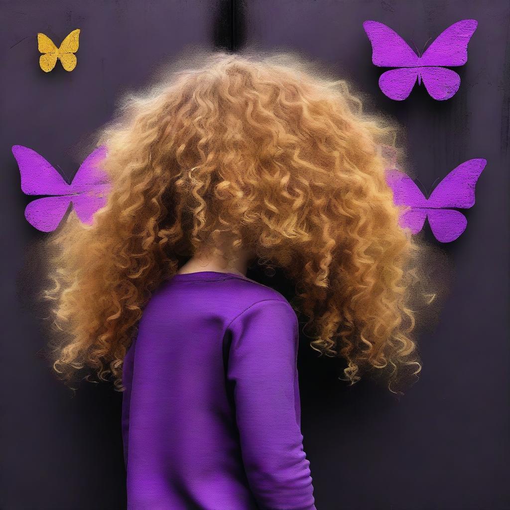 A funky abstract image with a dark rustic steel door background, featuring a child girl with golden curly hair seen from the back and a tiny purple butterfly in the background