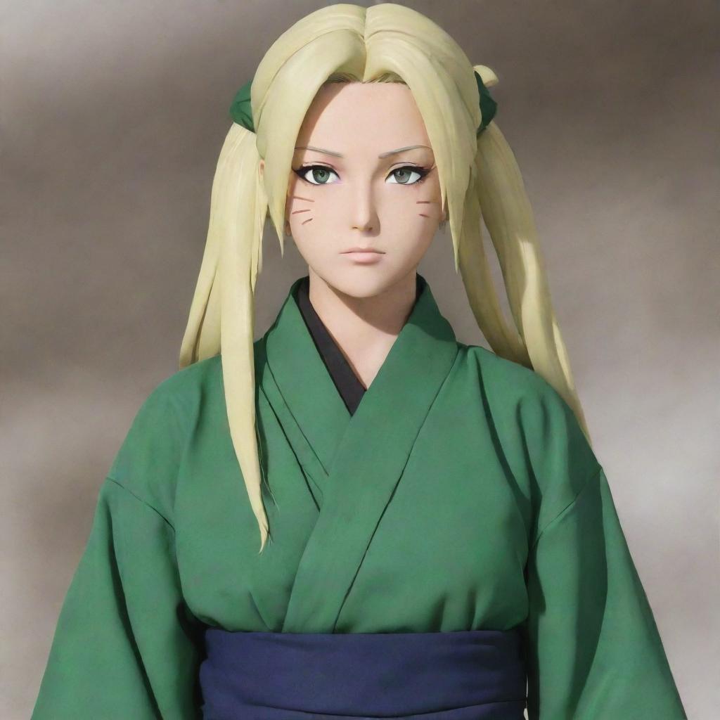 The legendary Sannin, Tsunade Senju, from Naruto. She's seen with her characteristic long, blond hair tied in two loose ponytails, piercing brown eyes, and wearing a green robe with the Konoha symbol on the back.